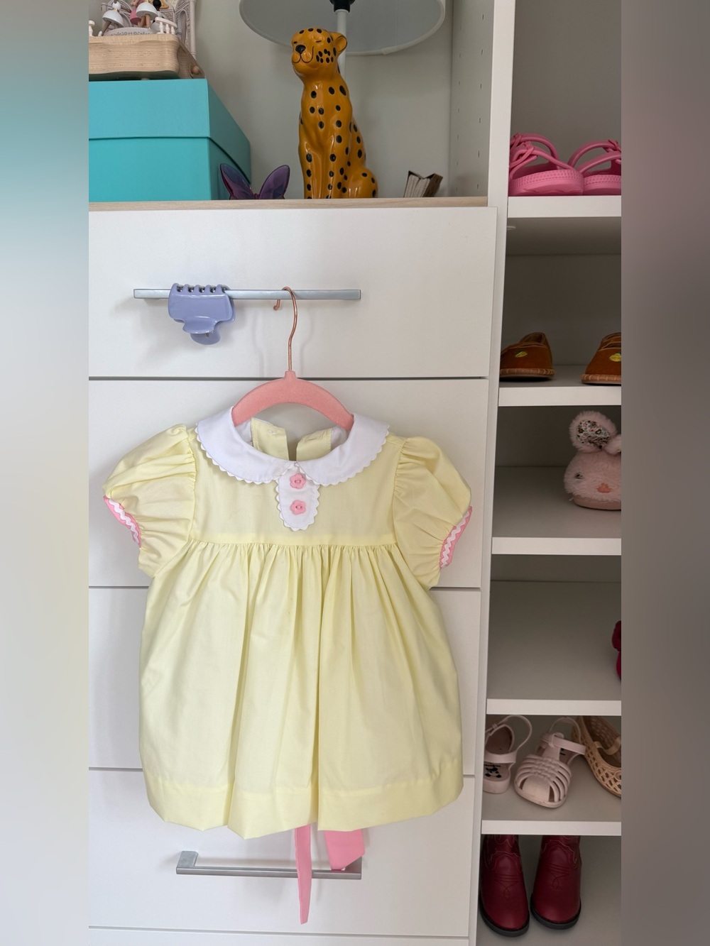 The Beaufort Bonnet Company Pale Yellow Dress with White Collar and Pink Trim